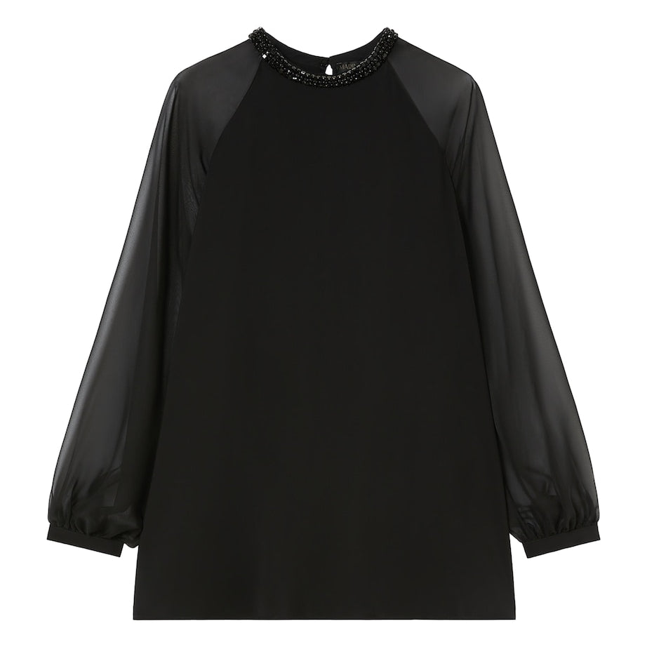 Marina Rinaldi Black Cady Chiffon-Sleeve Cambusa Blouse