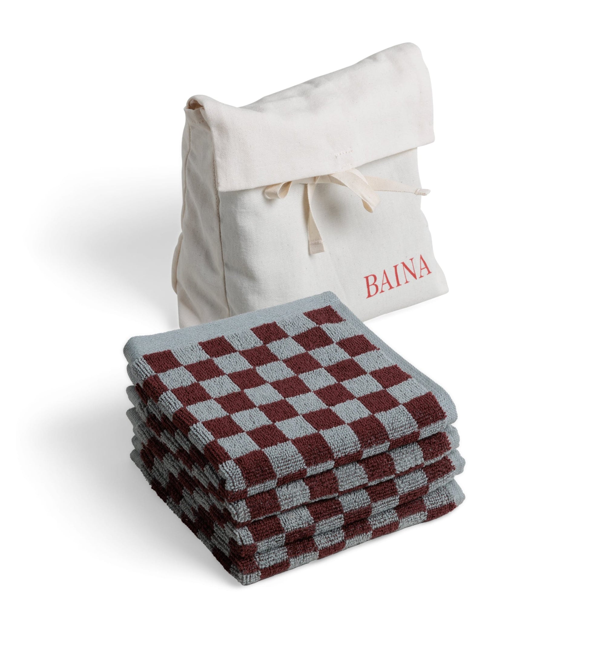 BAINA Set of 4 Organic Cotton Check Quill Facecloths (30cm x 30cm)