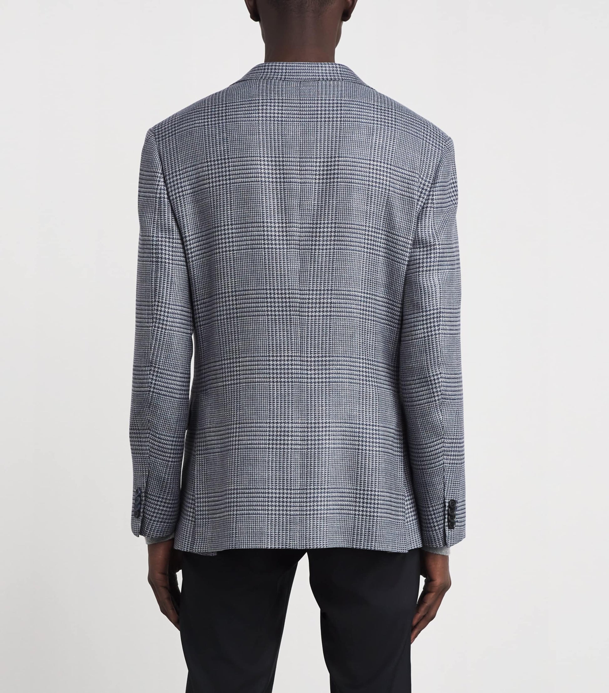 Blue Wool-Silk Houndstooth Check Blazer