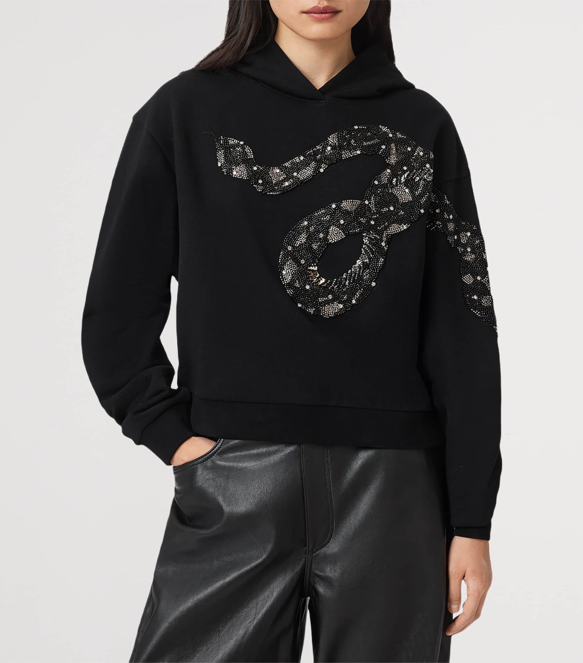AllSaints Black Cotton Embellished Pippa Hoodie