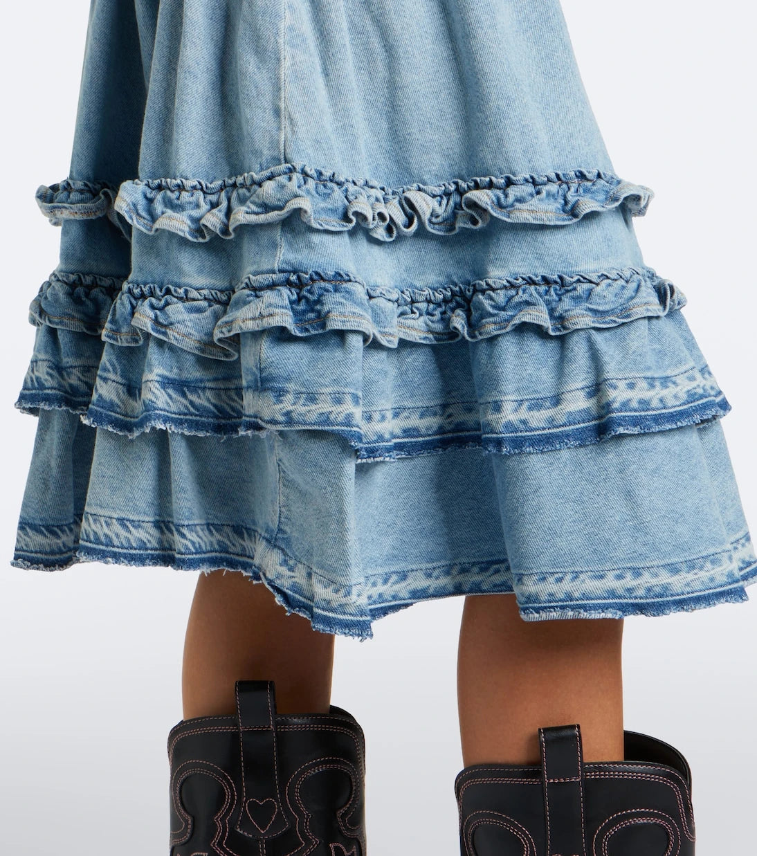 Ganni - Ruffled denim midi skirt