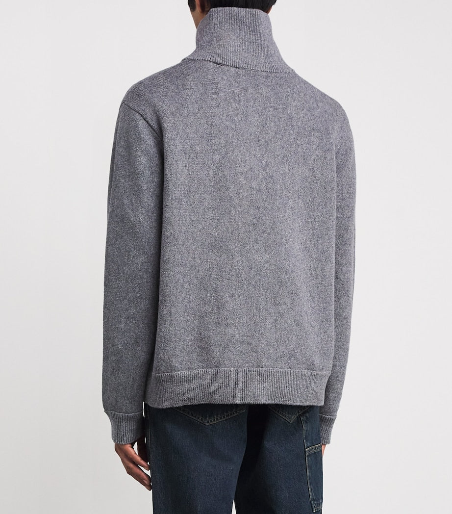 FRAME Grey Wool-Cotton Half-Zip Sweater