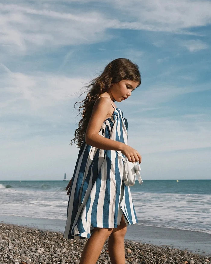 Tinycottons LIGHT NAVY STRIPES DRESS Keten Çocuk Elbisesi