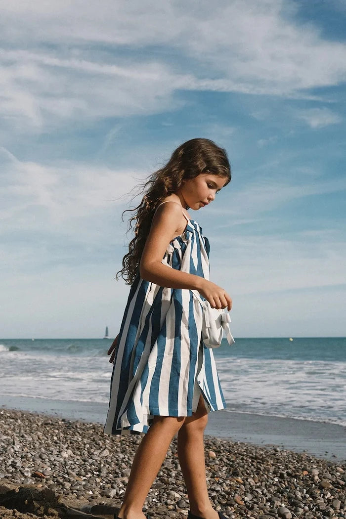 Tinycottons LIGHT NAVY STRIPES DRESS Keten Çocuk Elbisesi