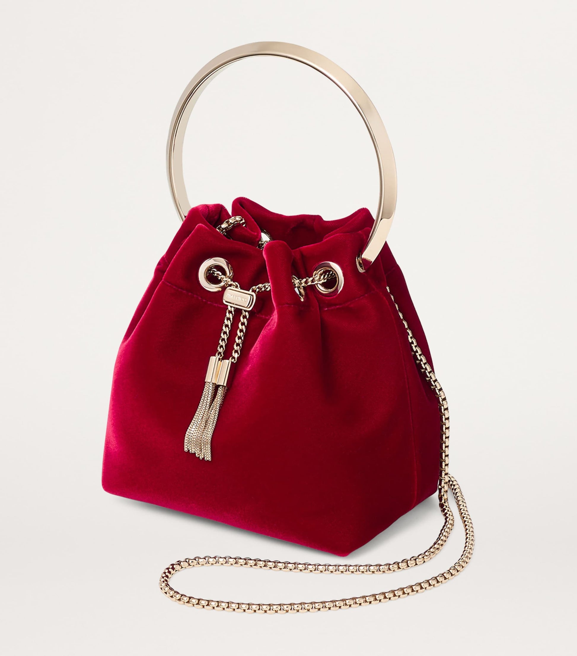 Jimmy Choo Red Bon Bon Velvet Bucket Bag