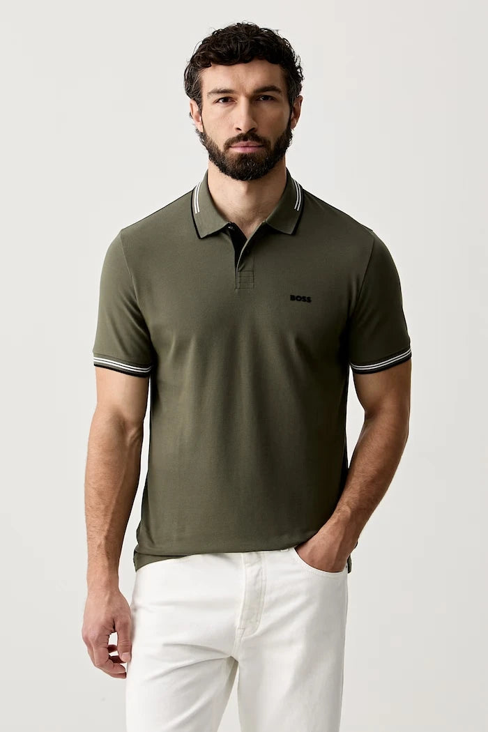 BOSS Green yakalı pamuklu erkek tişört Paul