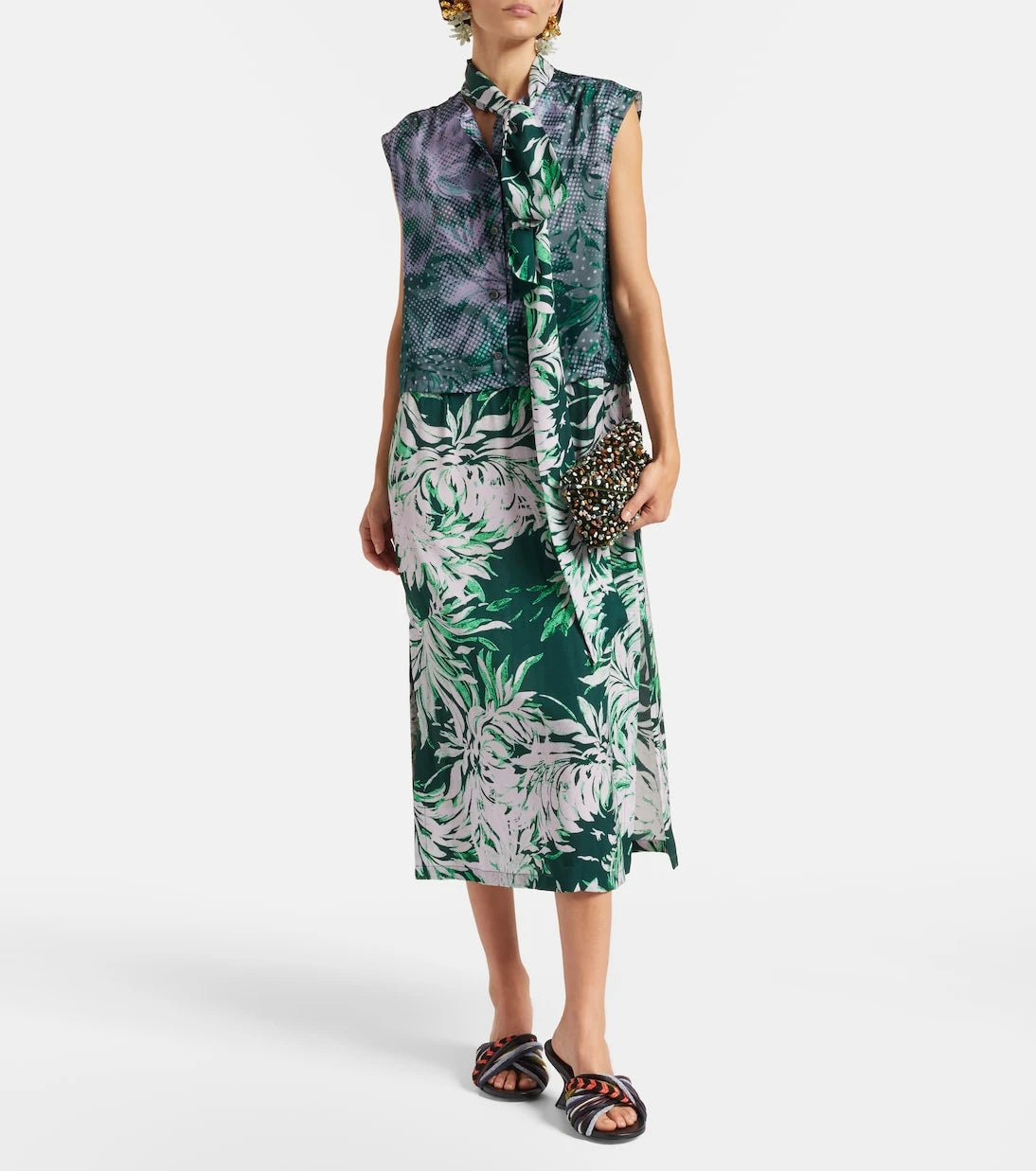 Dries Van Noten - Printed tie-neck midi dress