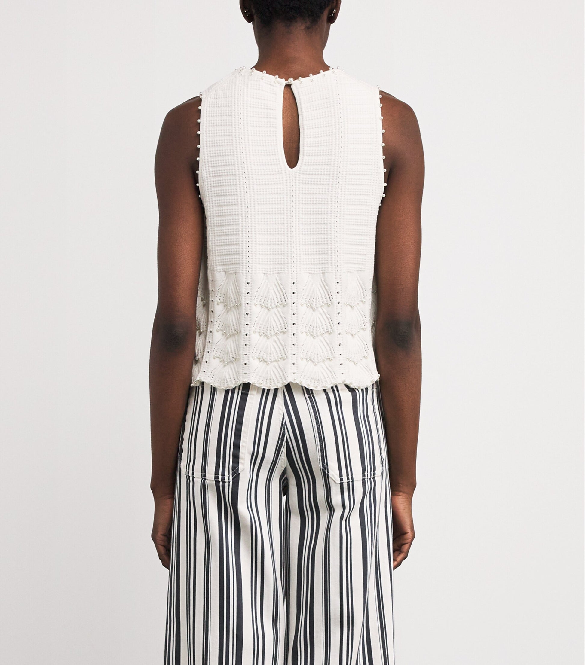 White Pointelle Beaded Sleeveless Top