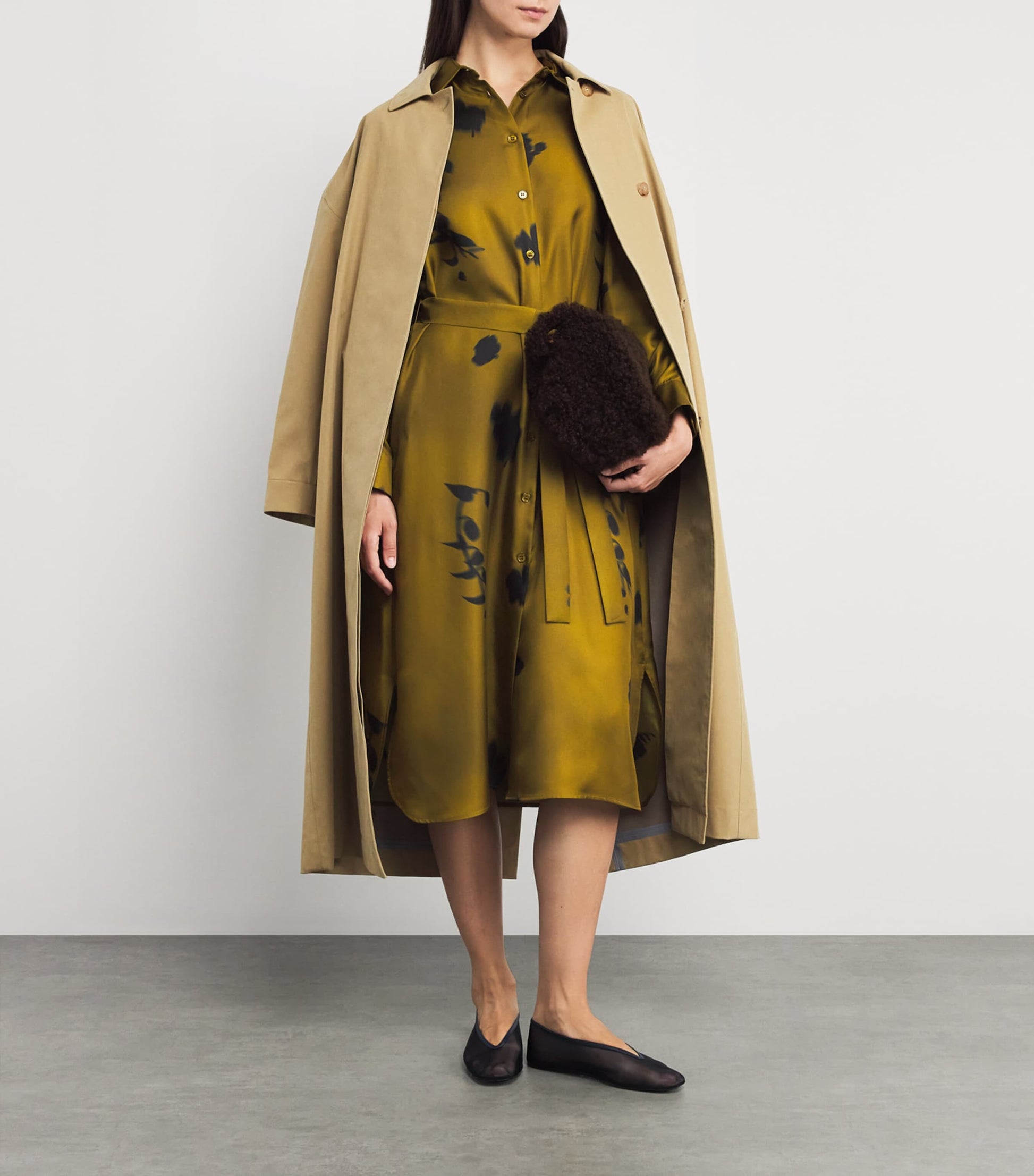 Silk Printed Jadi Midi Shirt Dress 001 OLIVE GREEN