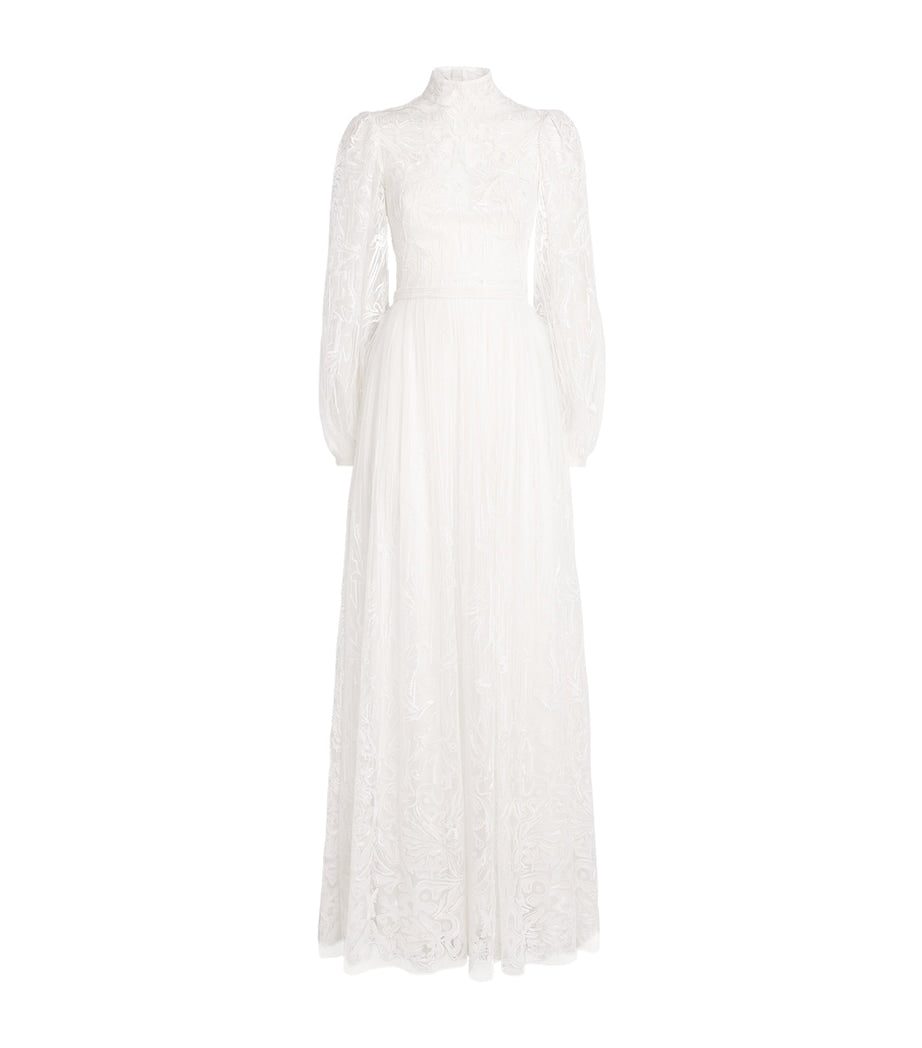 White Tulle Embroidered High-Neck Gown