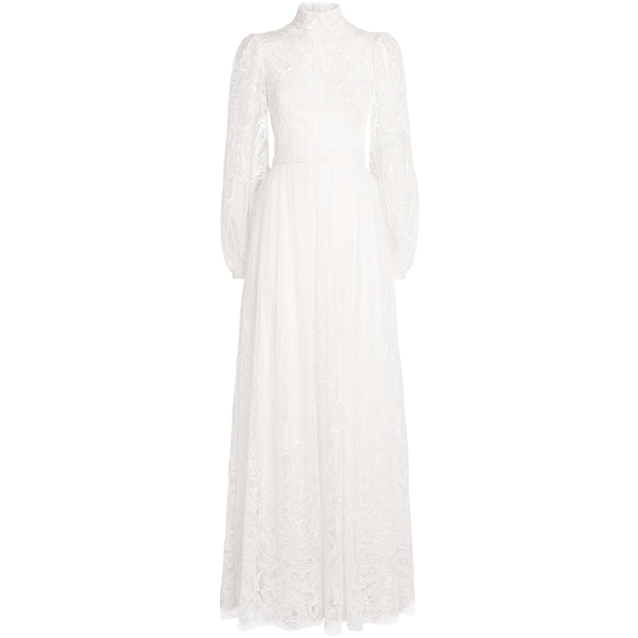 White Tulle Embroidered High-Neck Gown