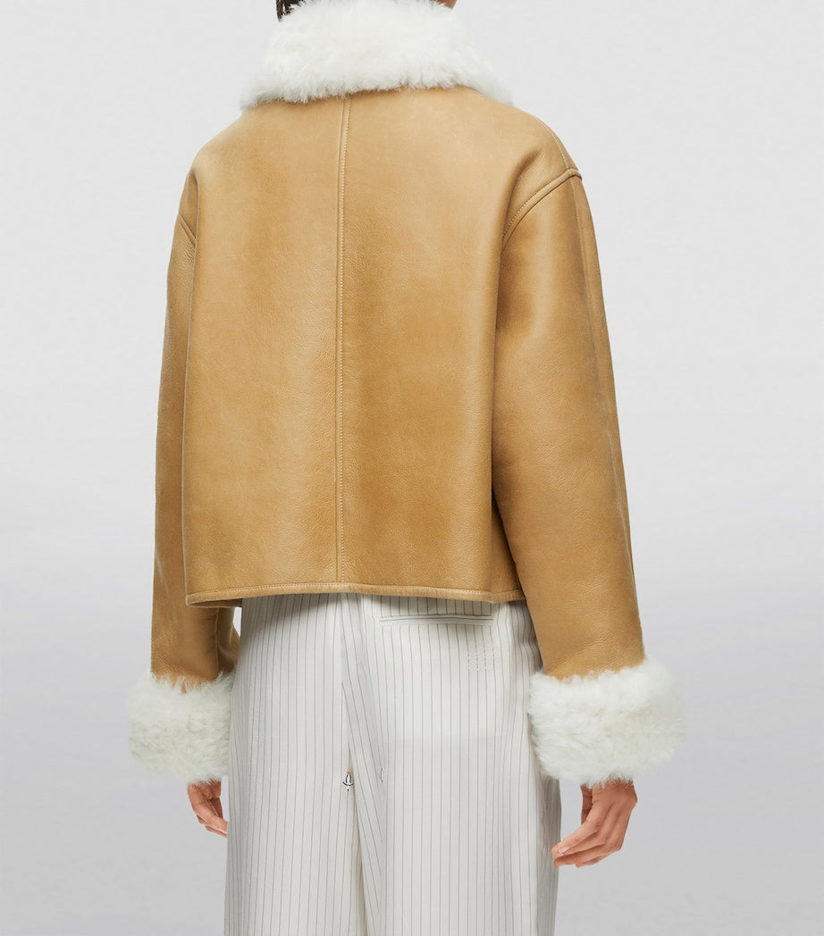 White Shearling-Trim Leather Jacket
