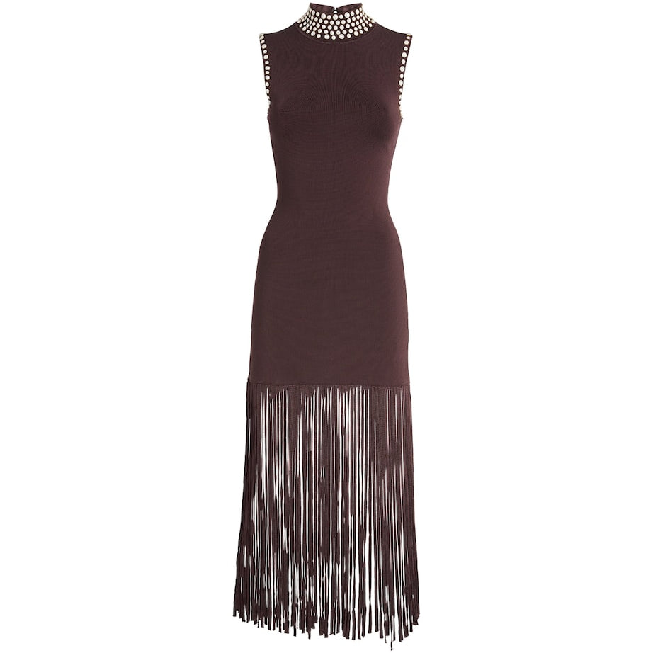 Embellished Fringe Midi Dress BROWN