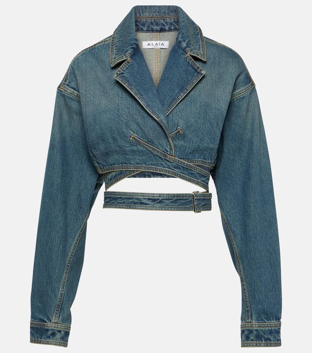 Alaïa - Cropped denim wrap jacket