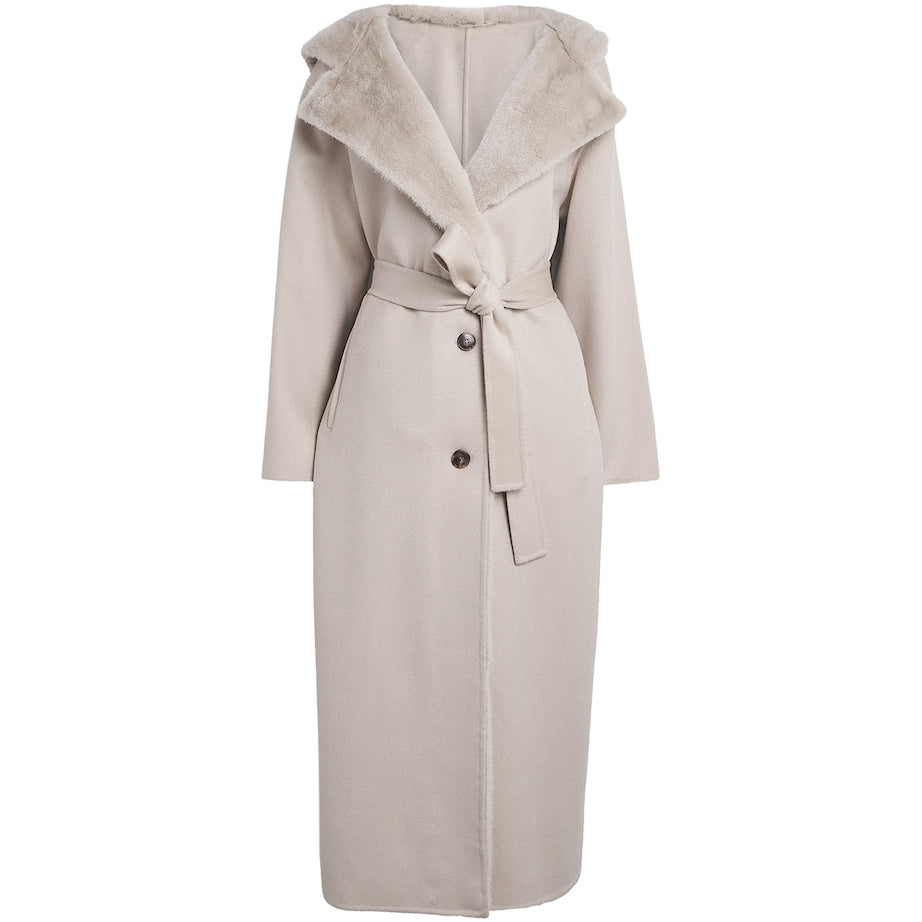 Beige Hooded Mink Fur-Trim Coat