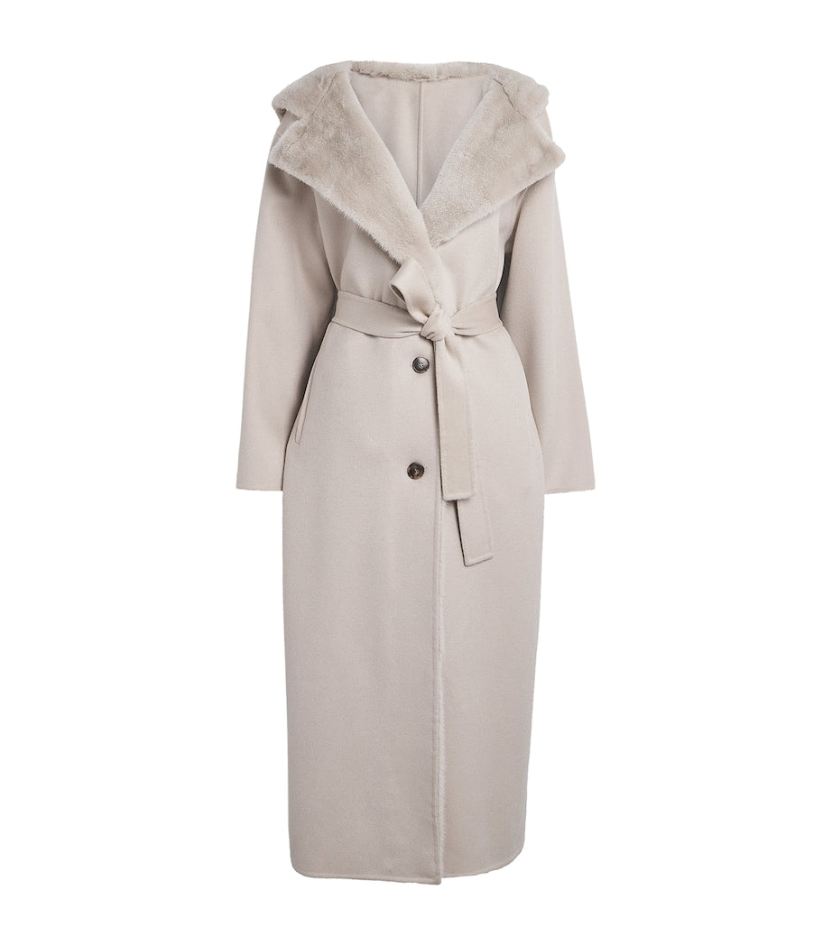 Beige Hooded Mink Fur-Trim Coat