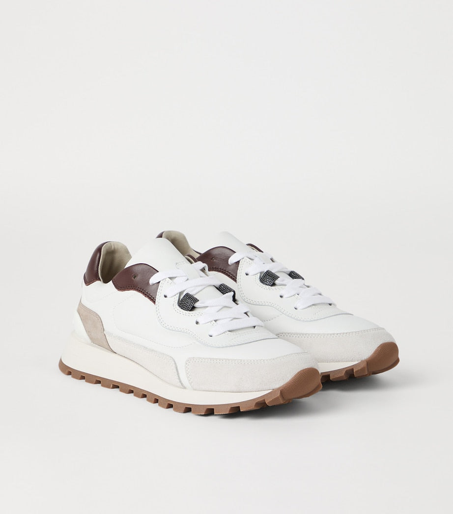 Brunello Cucinelli White Calfskin Monili-Detail Sneakers