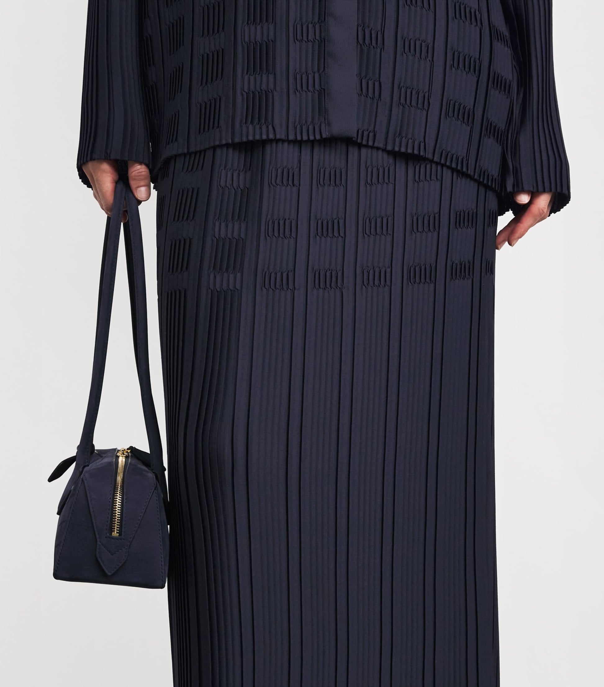 Navy Basketweave Plissé Midi Skirt