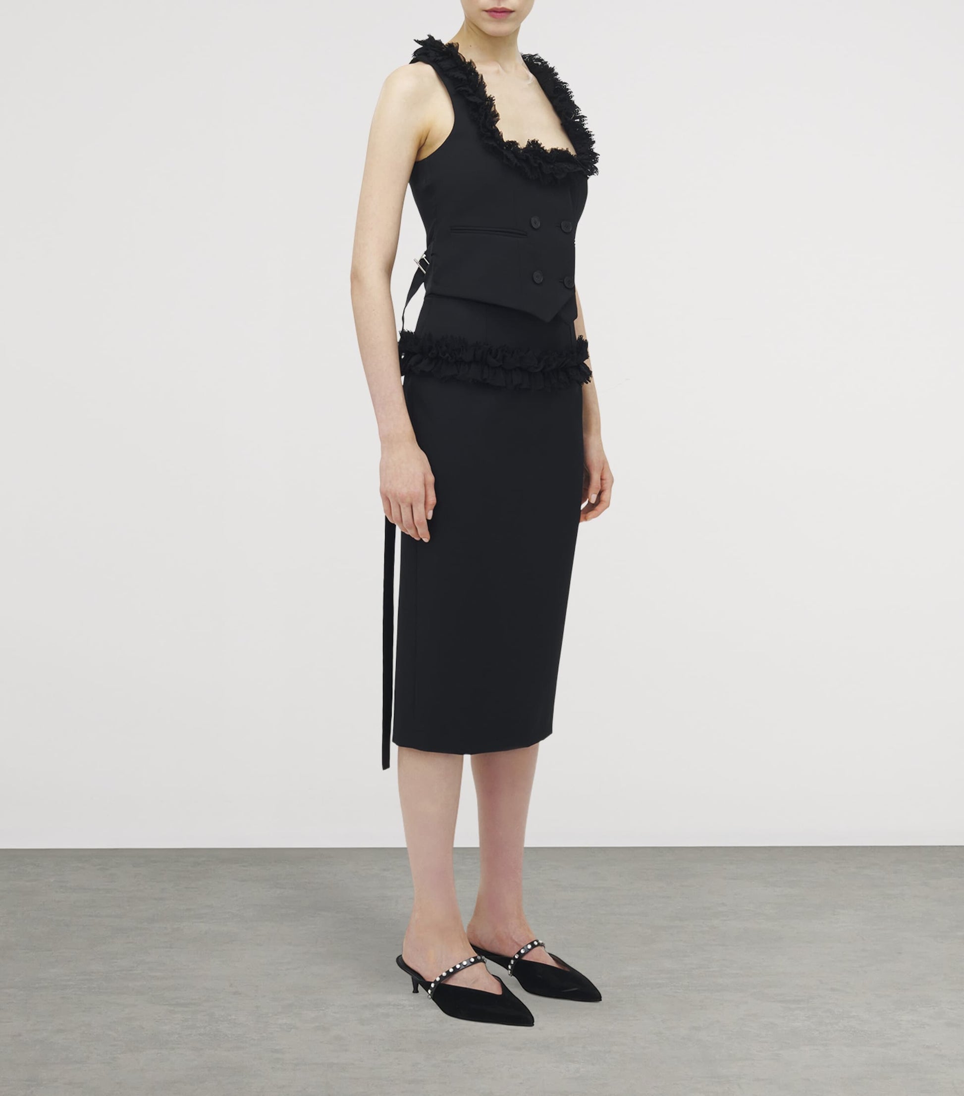 McQueen Black Wool Ruffle Midi Pencil Skirt