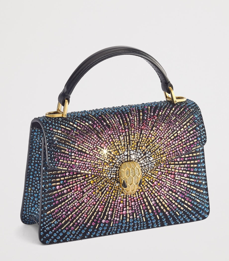 Blue Mini Crystal-Embellished Suede Serpenti Forever Top-Handle Bag