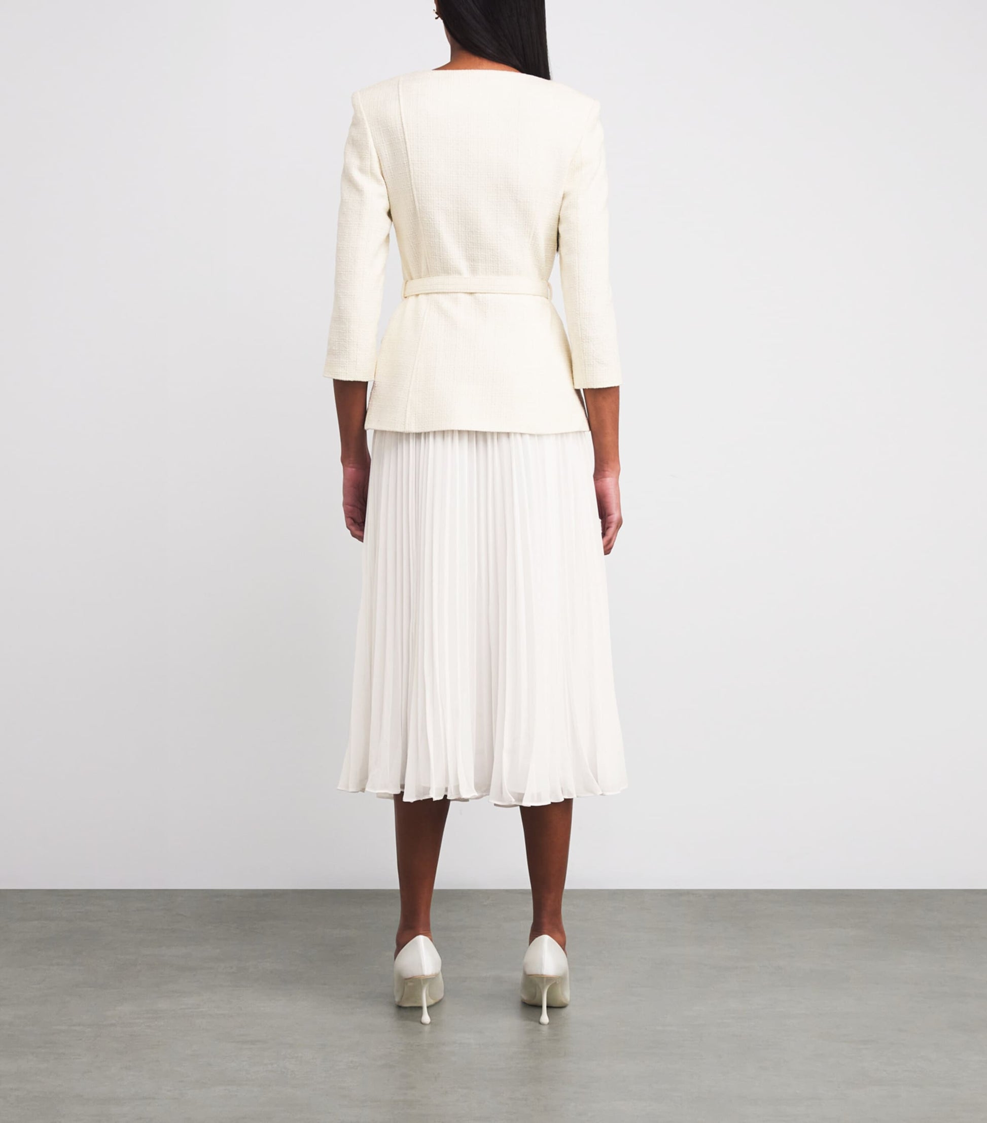 Self-Portrait Ivory Bouclé Long-Sleeve Midi Dress