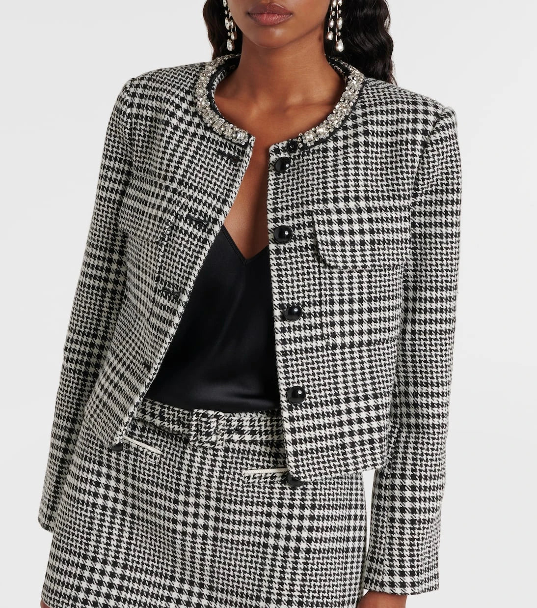 Self-Portrait - Embellished houndstooth cropped jacket