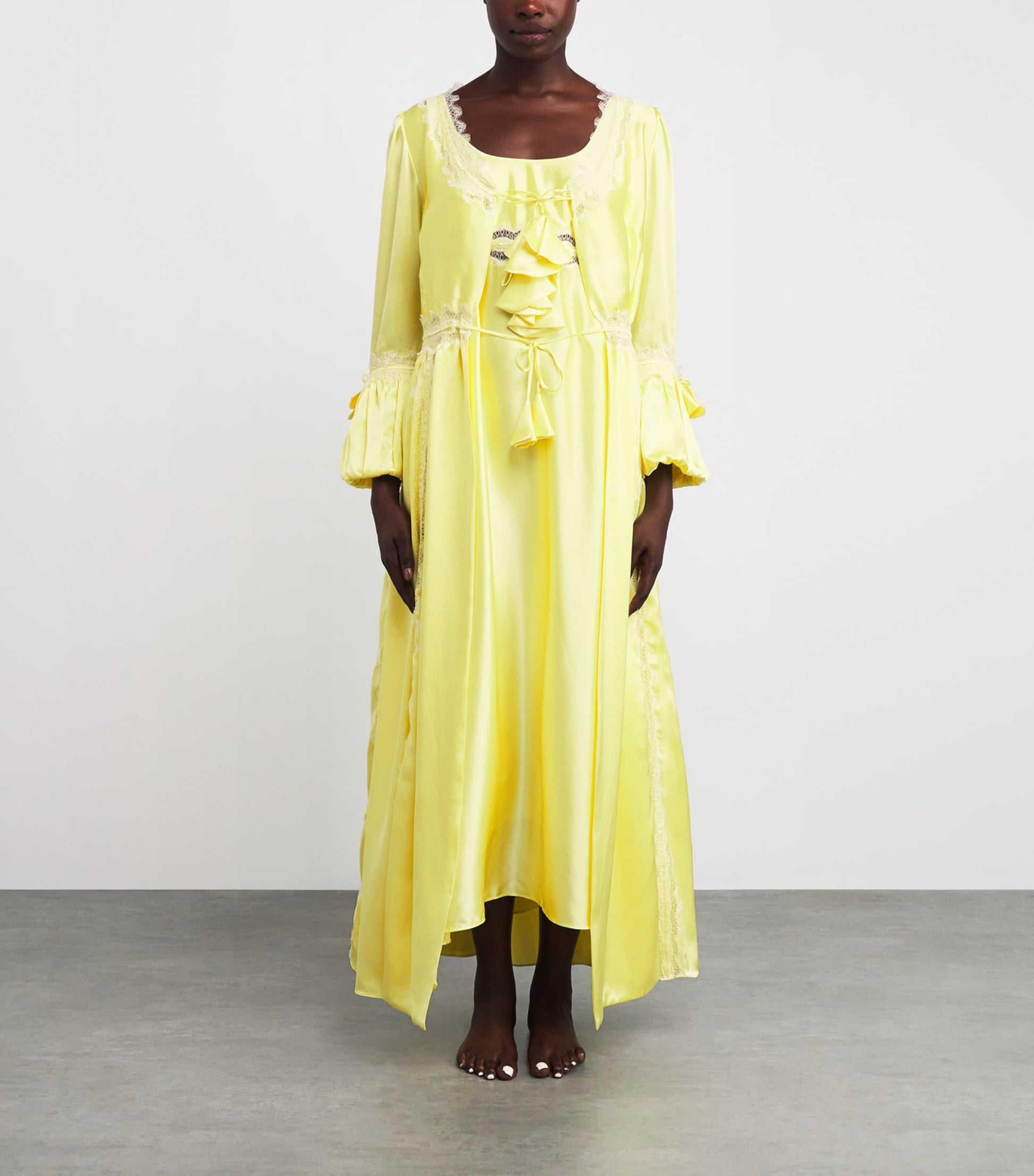 TORLOWEI Yellow Silk Lace-Trim Long Robe