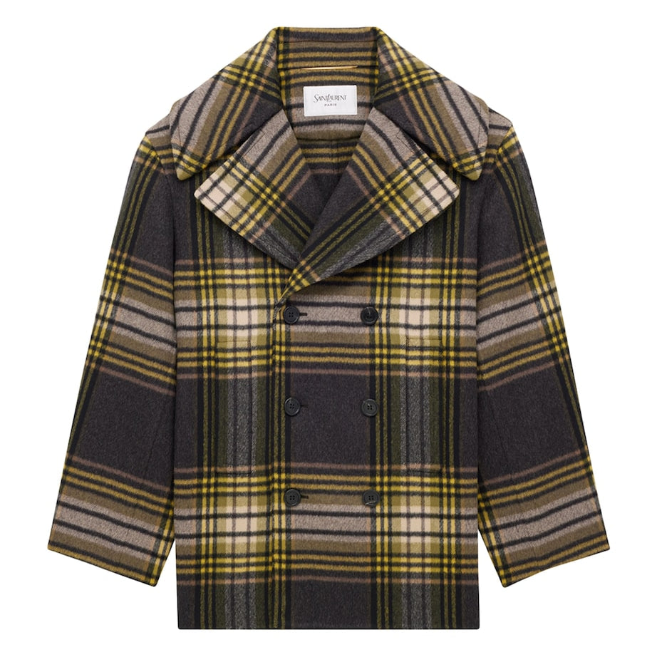 Grey Virgin Wool Check Pea Coat