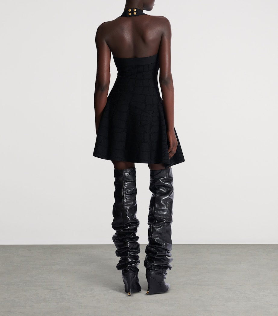 Balmain Black Croc-Effect Halterneck Mini Dress