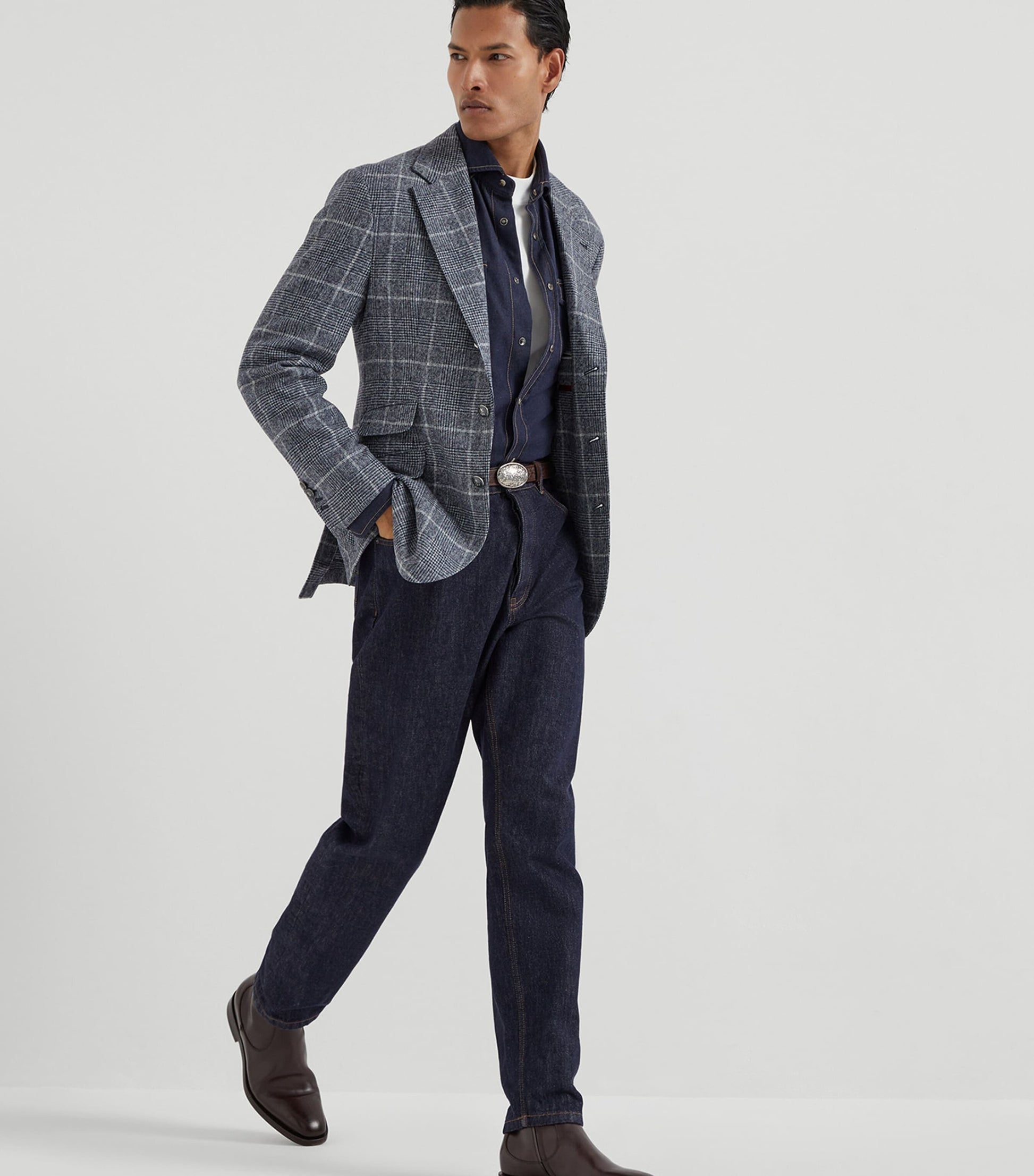 Brunello Cucinelli Blue Alpaca-Wool Check Blazer