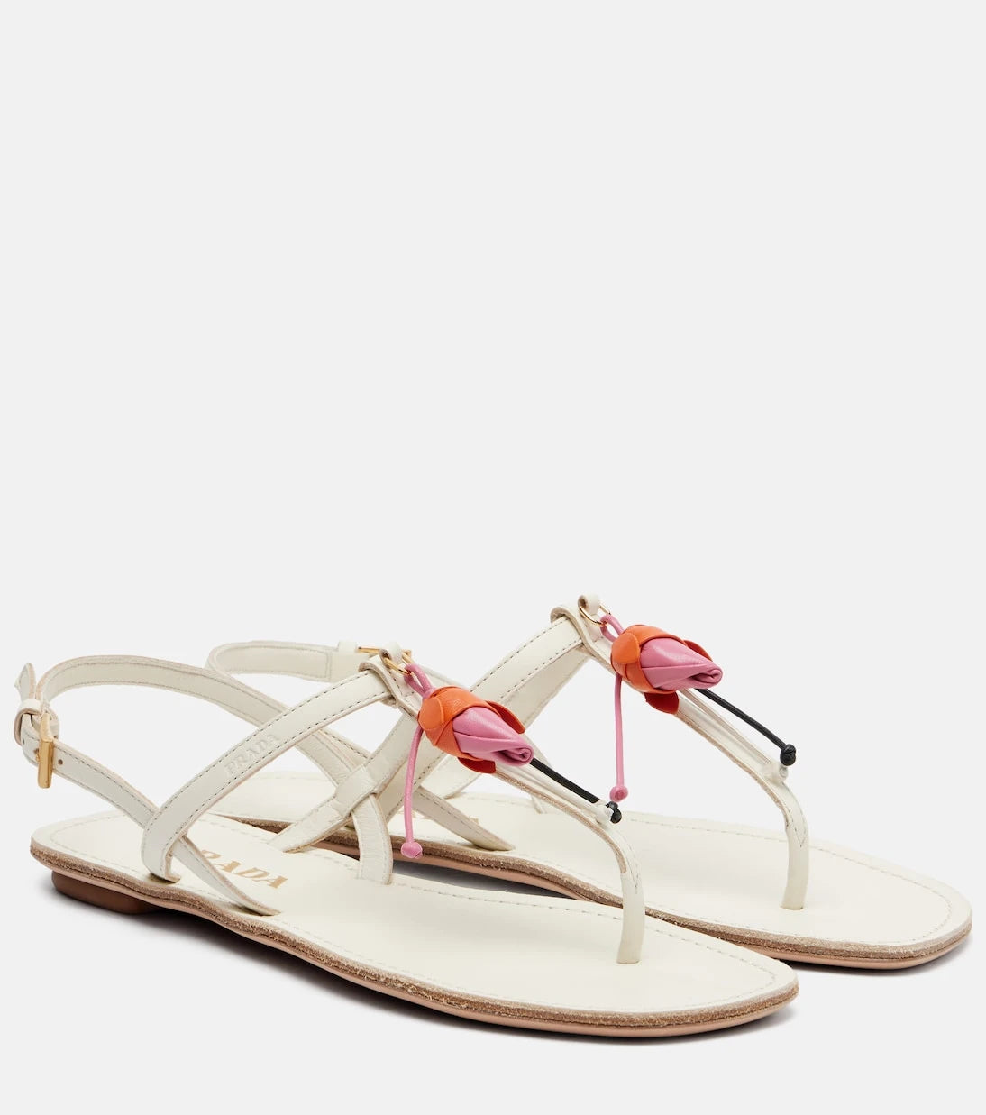 Prada - Floral-appliqué leather thong sandals