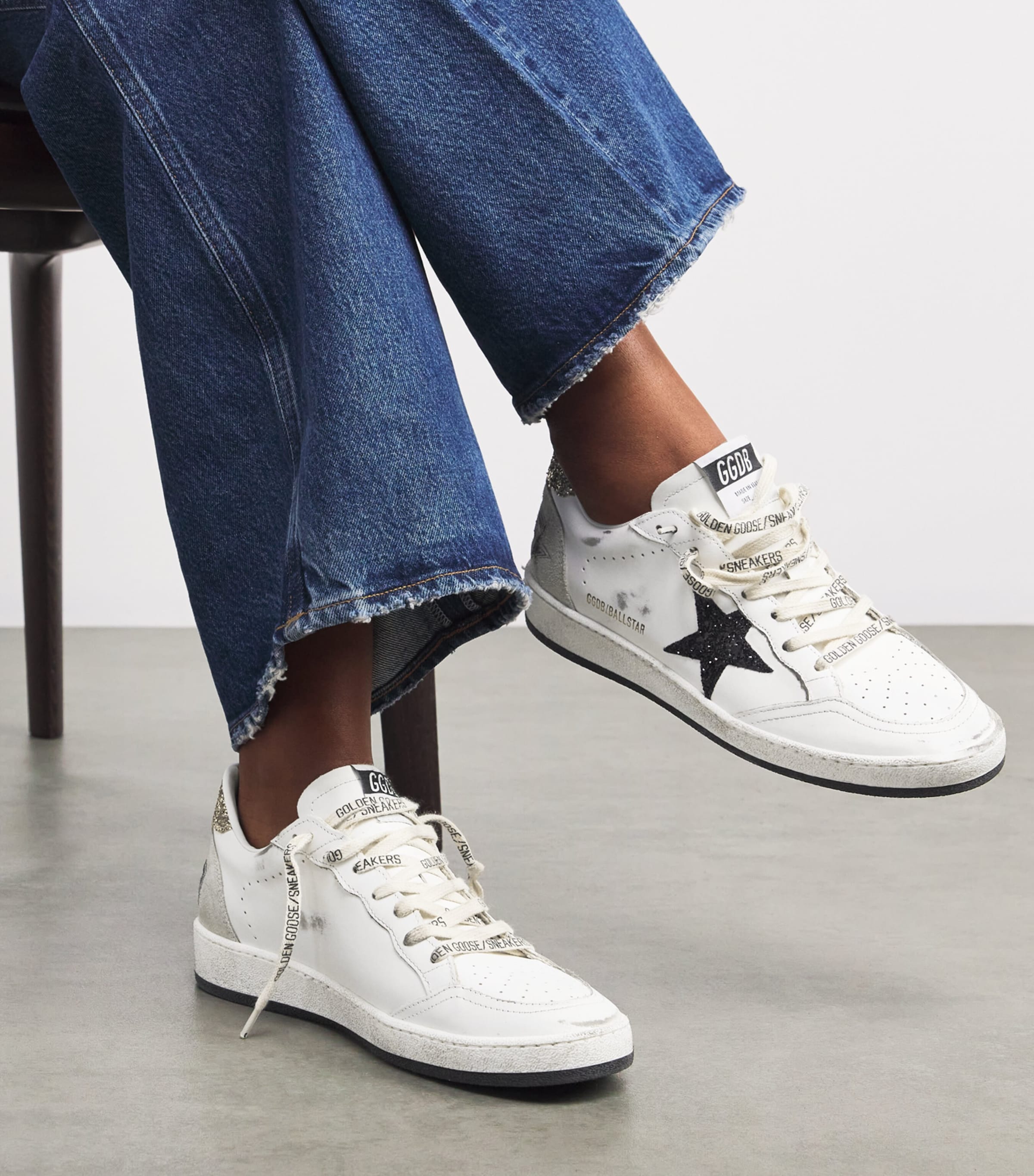 Golden Goose White Leather-Glitter Ball Star Sneakers