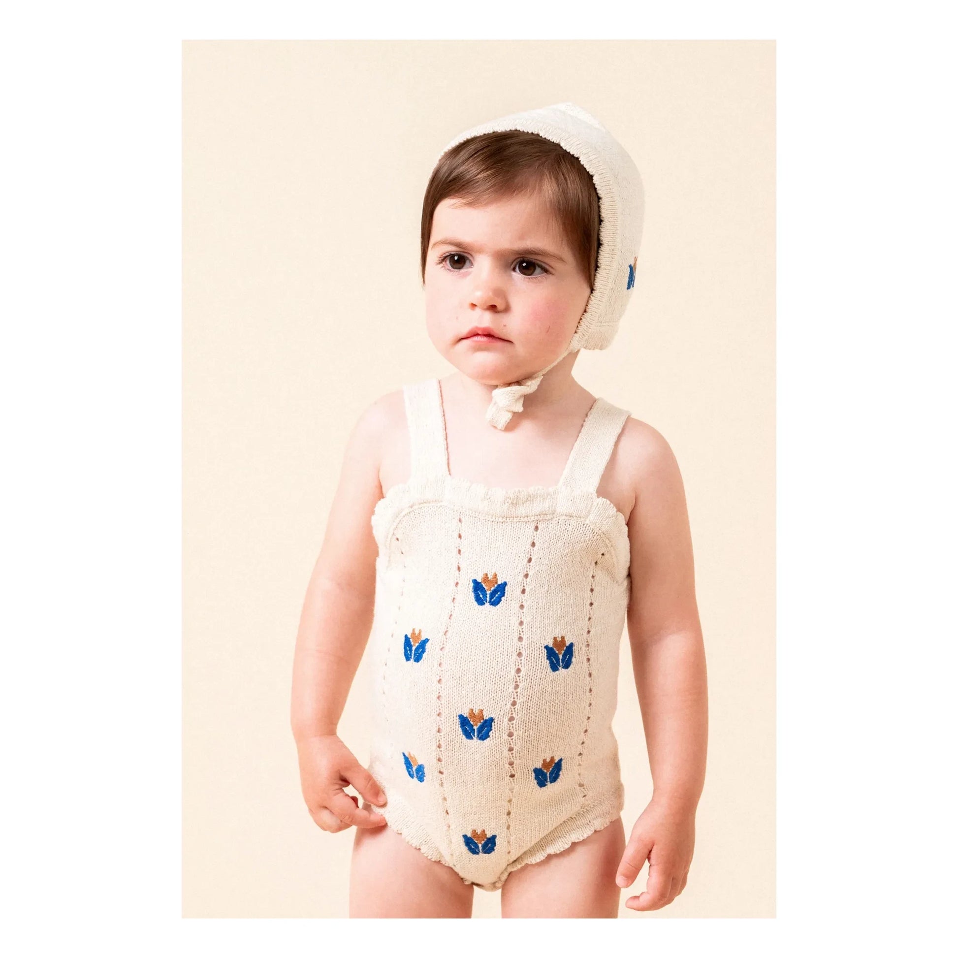 birinit - Flower Embroidered Fine Knit Beguin | Ivory