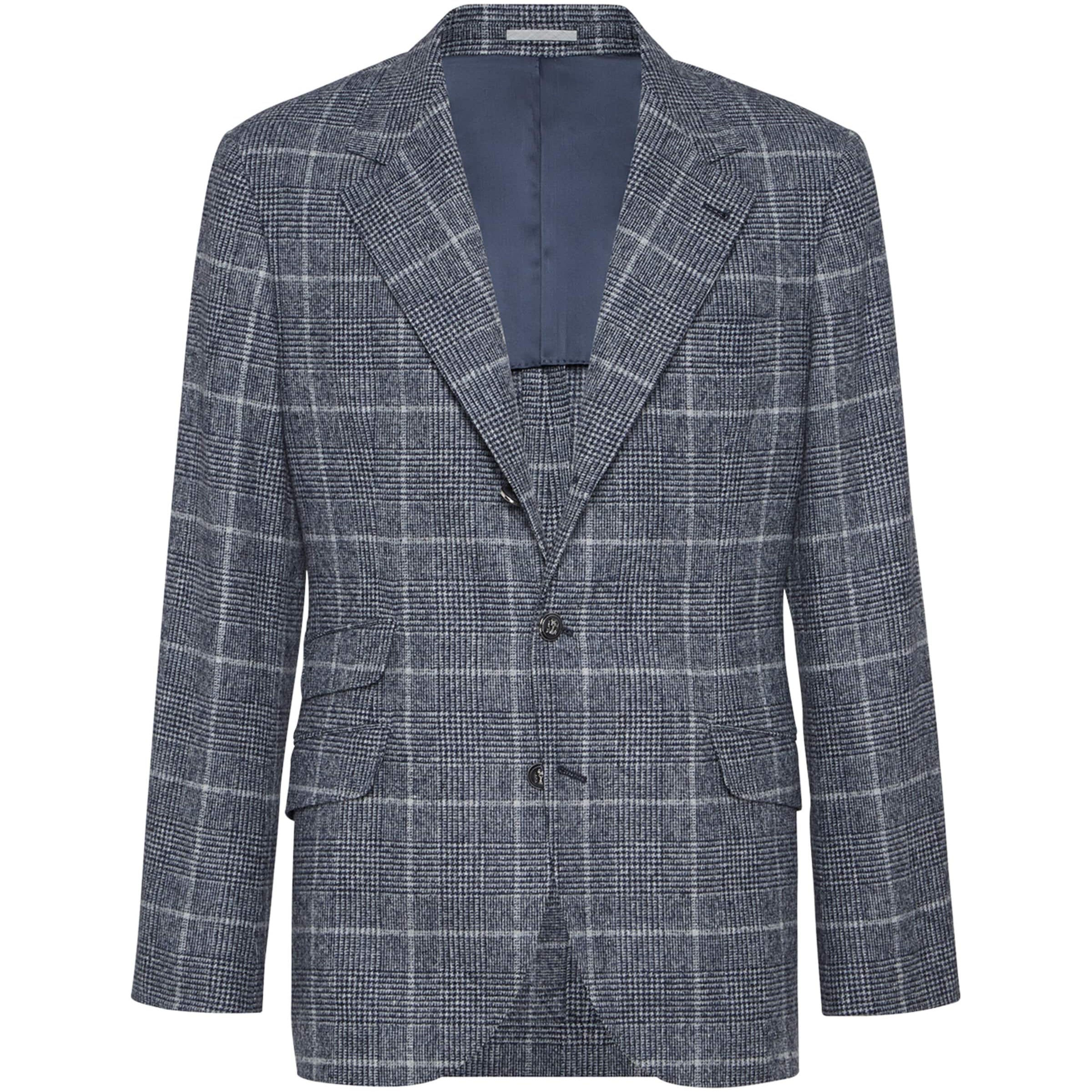 Brunello Cucinelli Blue Alpaca-Wool Check Blazer