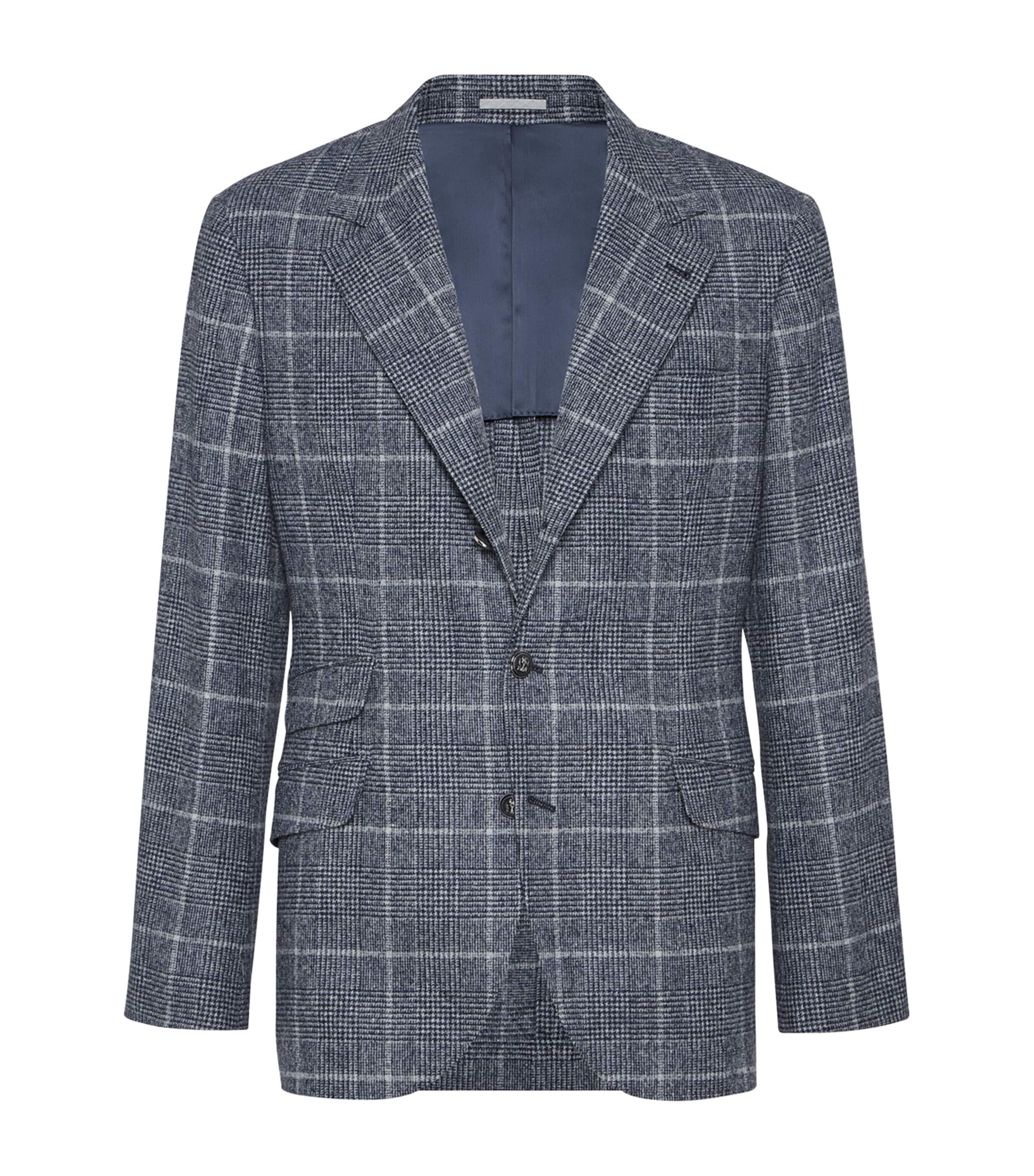 Brunello Cucinelli Blue Alpaca-Wool Check Blazer