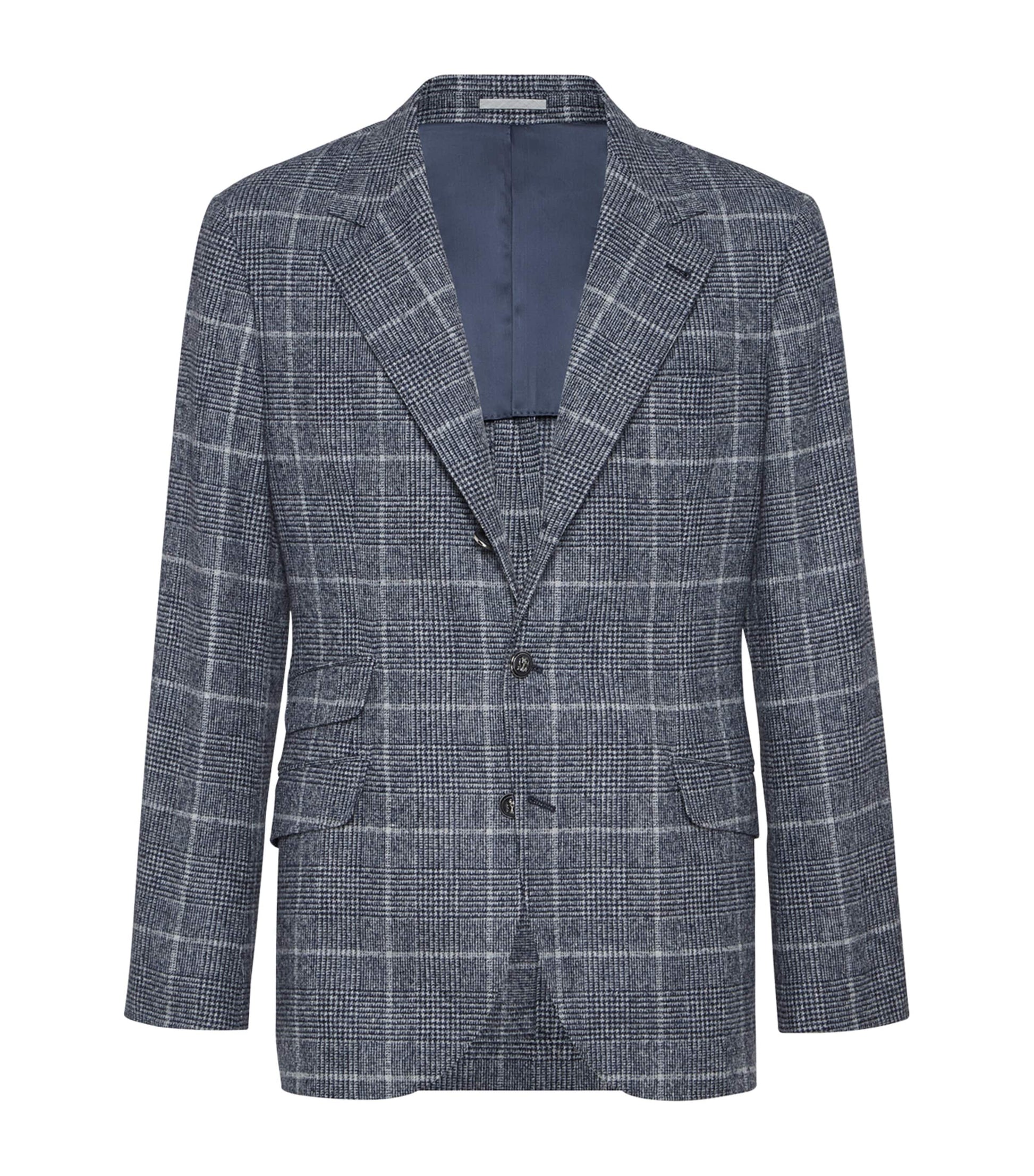 Brunello Cucinelli Blue Alpaca-Wool Check Blazer