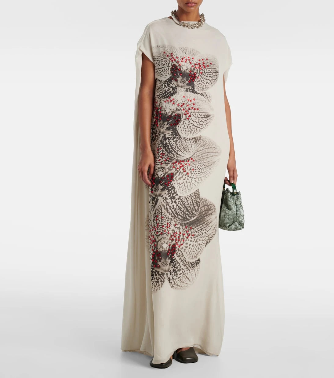 Dries Van Noten - Boncuklu baskılı ipek krep şifon elbise