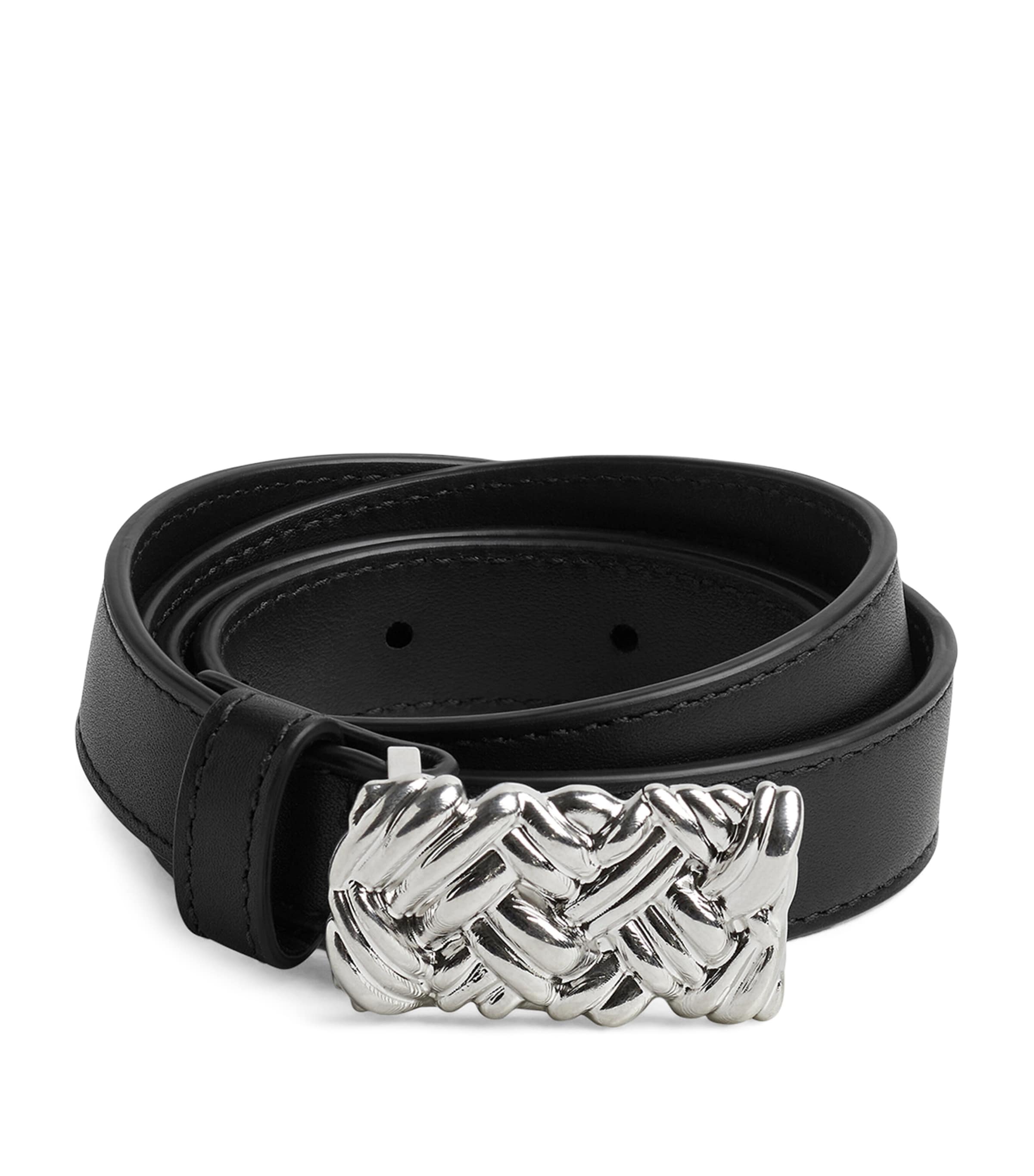 Bottega Veneta Grey Leather Intreccio-Buckle Belt