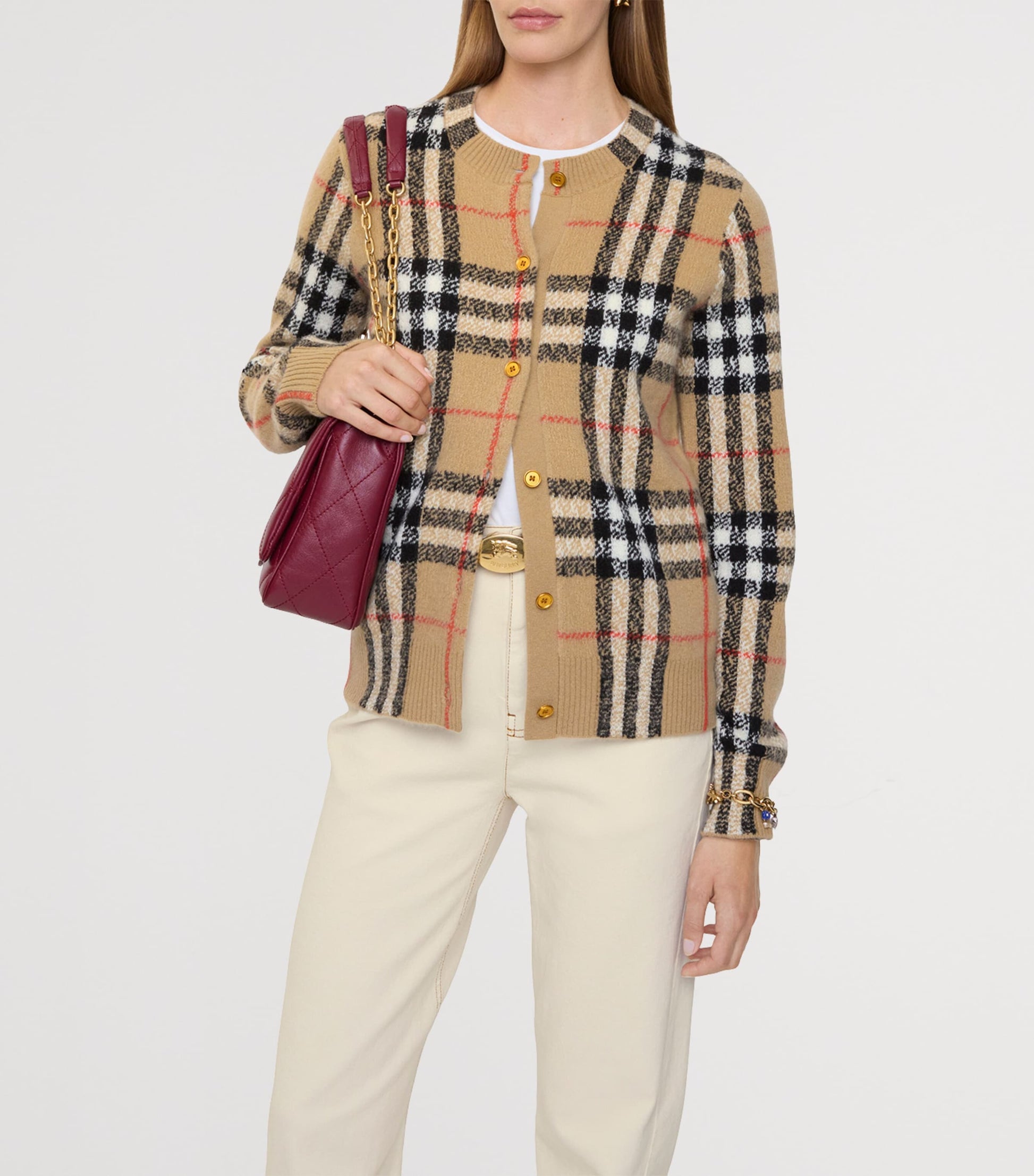 Beige Cashmere-Wool Check Cardigan