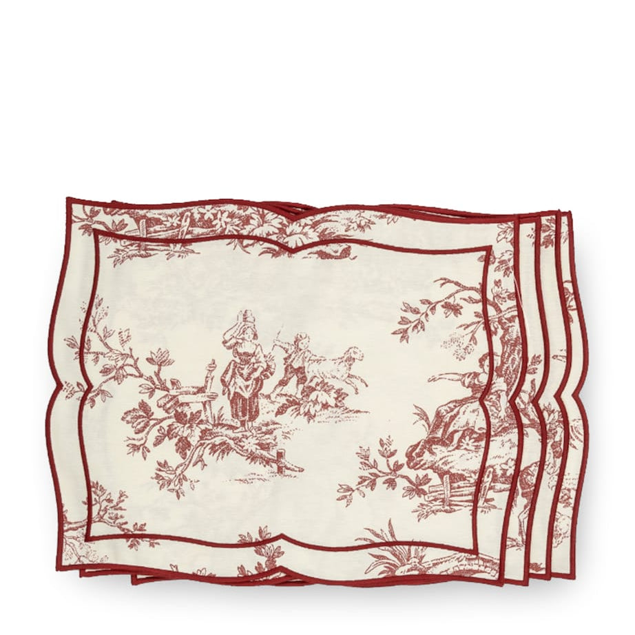 Maison Margaux Set of 4 Linen Maroon Toile Placemats (36cm x 45cm)