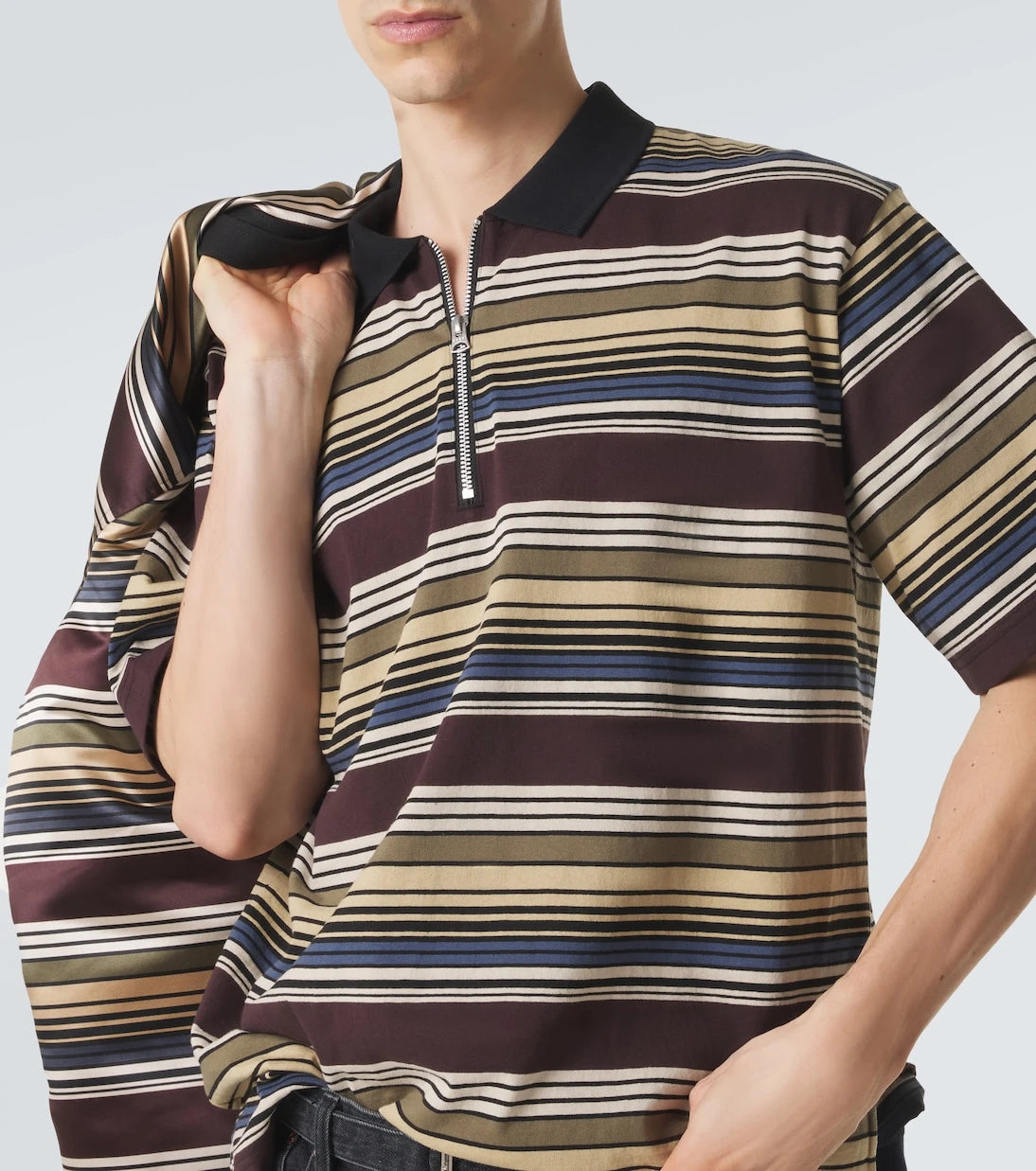 Sacai - Striped cotton half-zip polo shirt