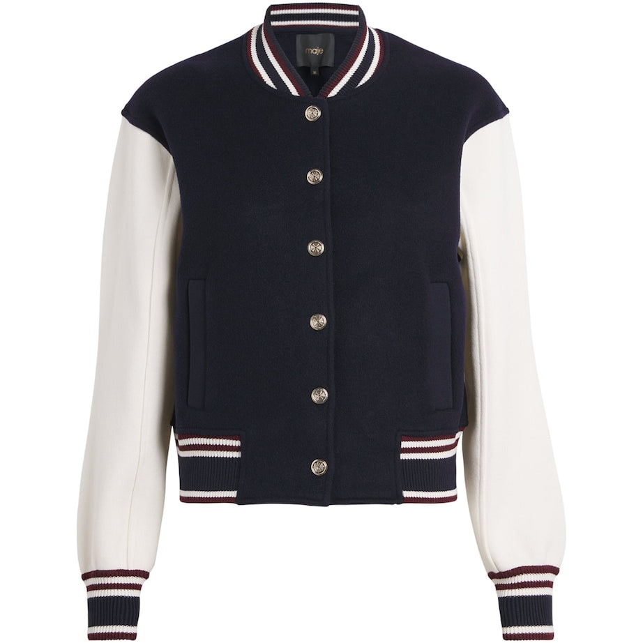 Blue Wool Stripe-Trim Bomber Jacket