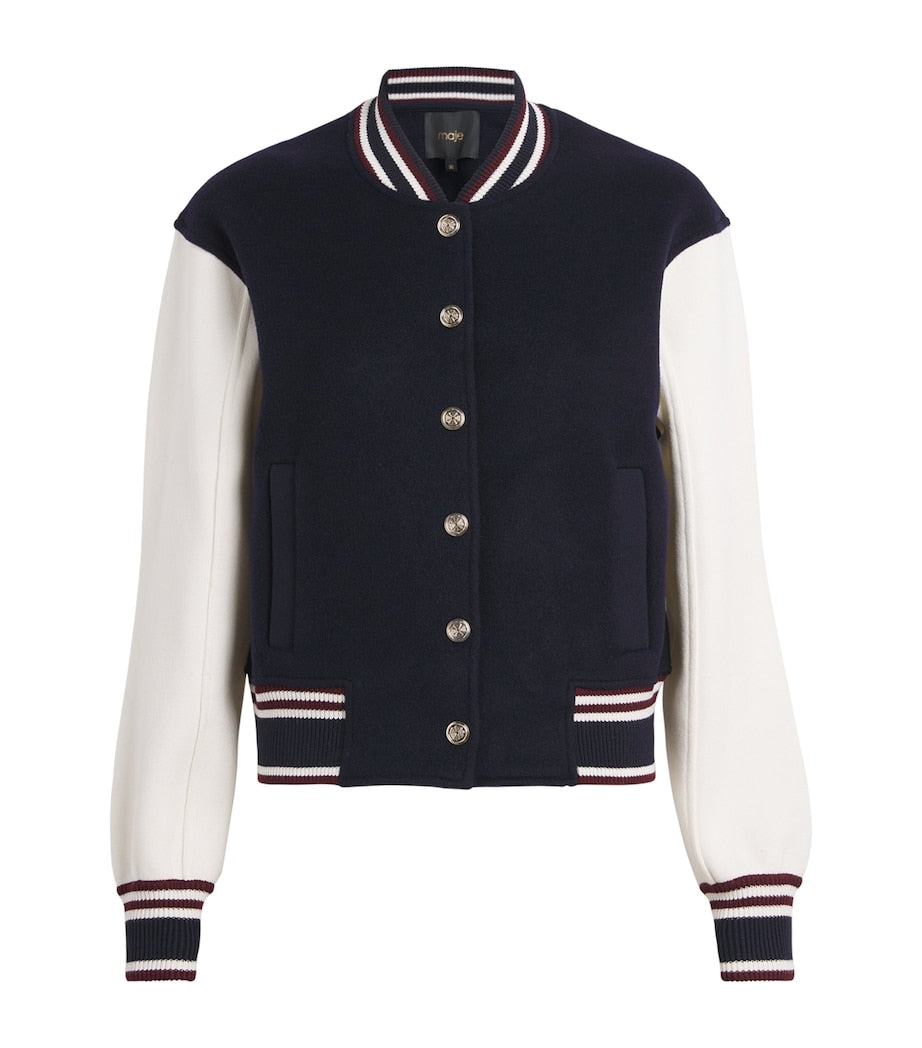 Blue Wool Stripe-Trim Bomber Jacket
