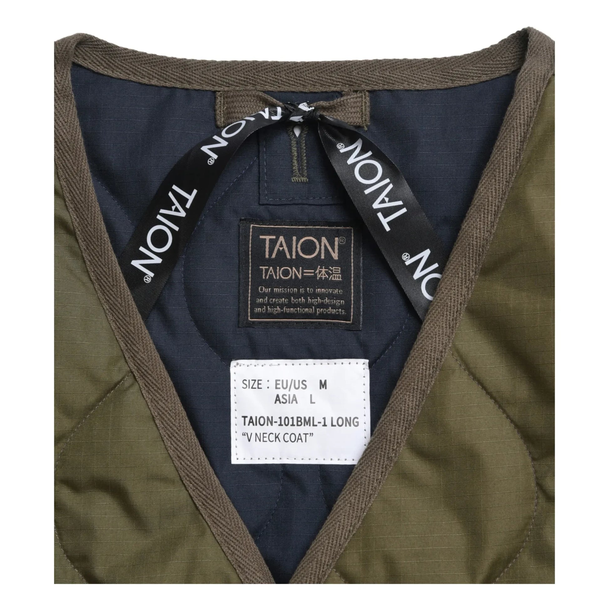 Taion - Military Unisex Long Zip Quilted Jacket | Olive green