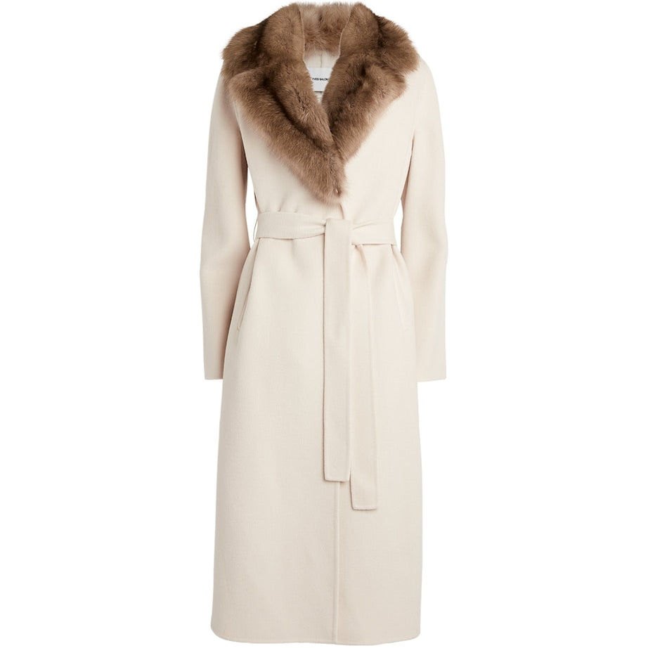 Beige Wool-Cashmere Sable-Trim Coat