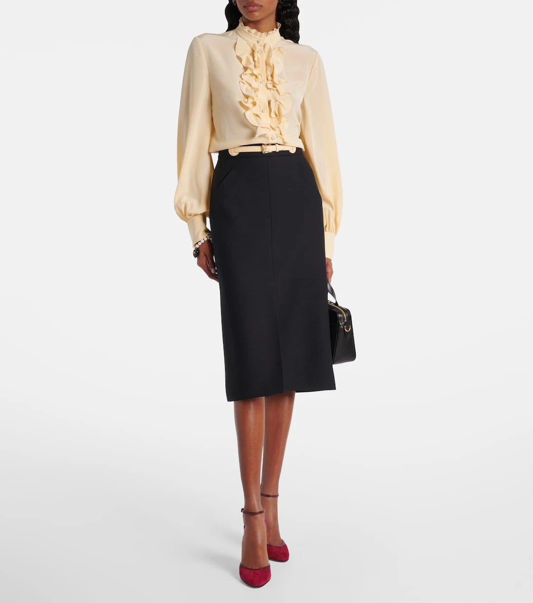 Valentino - Belted wool and silk midi skirt