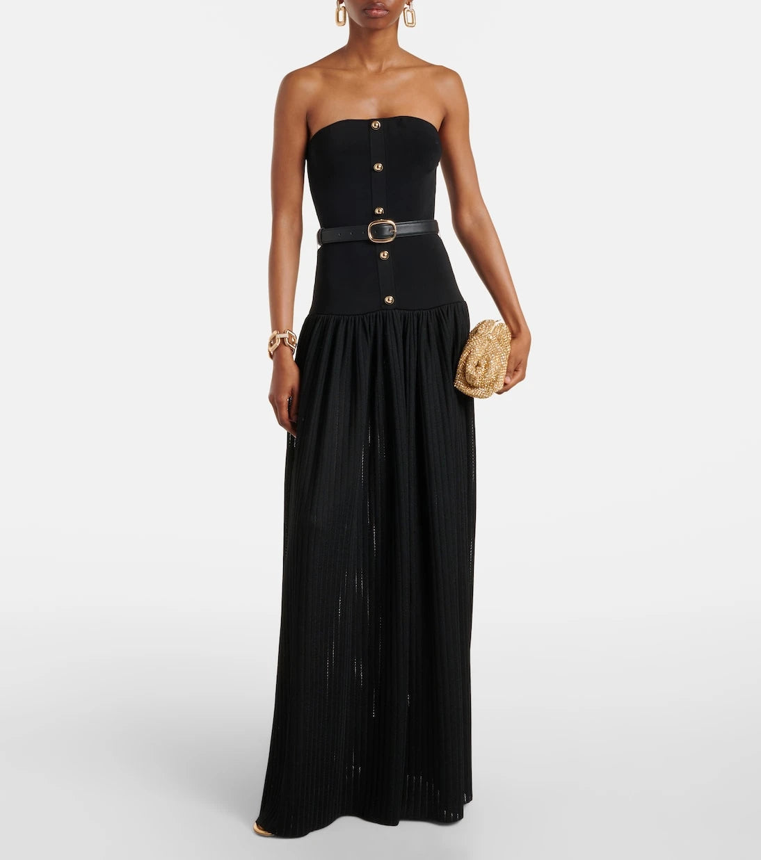 Self-Portrait - Belted knitted strapless maxidress