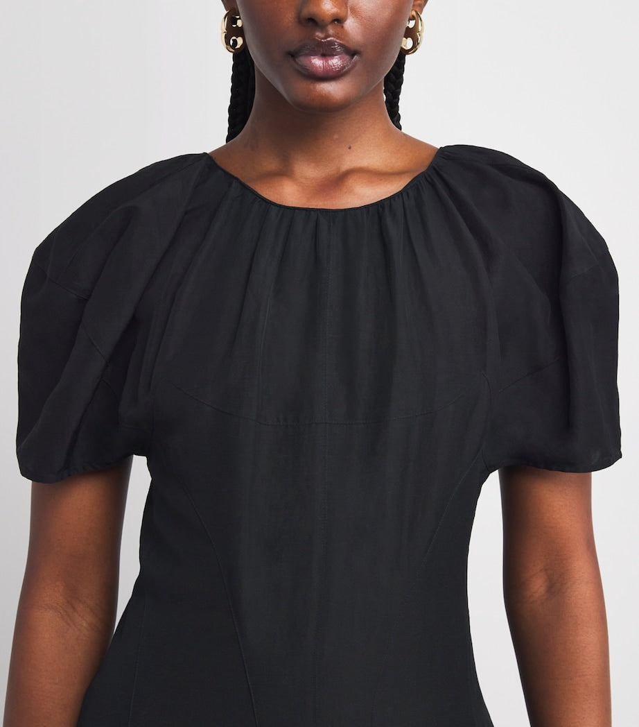 Black Balloon-Sleeve Midi Dress