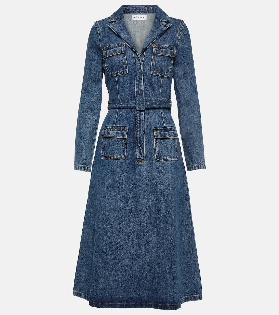 Self-Portrait - Belted denim midi dress