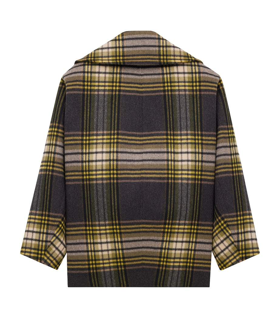 Grey Virgin Wool Check Pea Coat